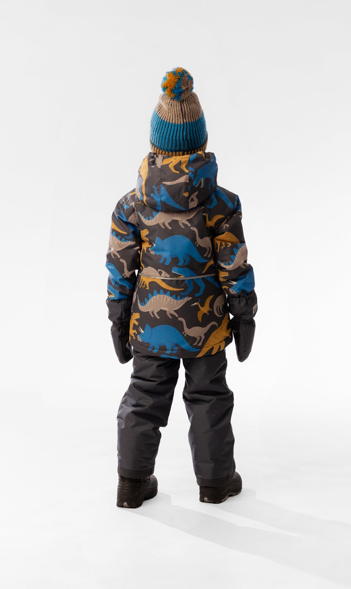 Leichter zweiteiliger Chill-Schneeanzug mit grauem und blauem Dinosauriermuster