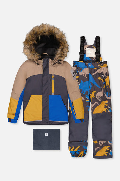 Two Piece Play Snowsuit Colorblock With Grey And Blue Dinosaur Print Pants - J10PB41_04930