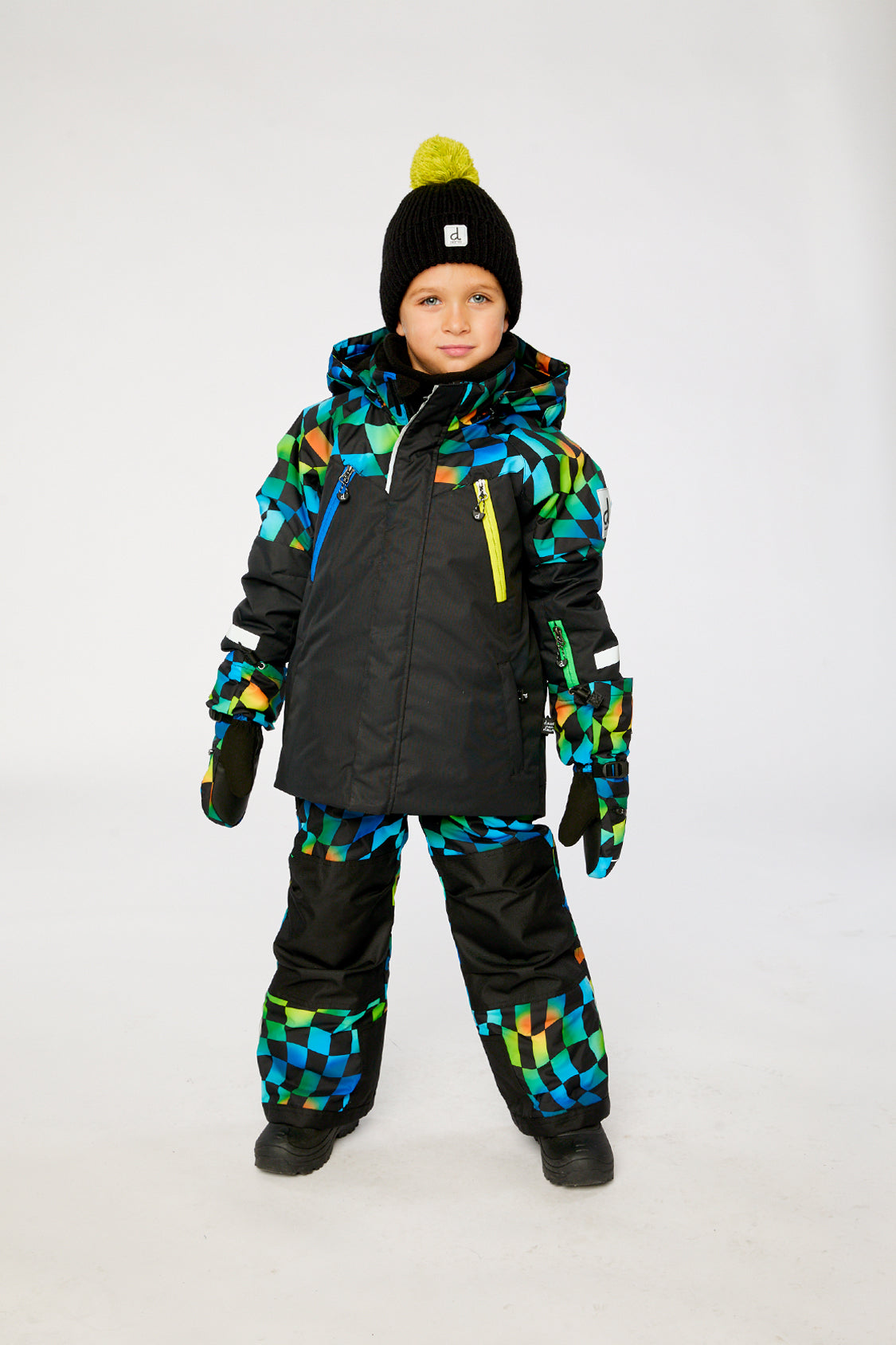 Two Piece Play Snowsuit Black Colorblock With Green Yellow And Blue Checkerboard Pants - J10PB42_09990
