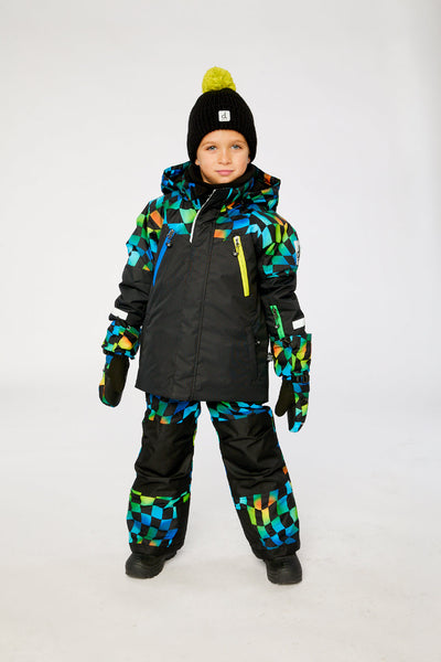 Two Piece Play Snowsuit Black Colorblock With Green Yellow And Blue Checkerboard Pants - J10PB42_09990
