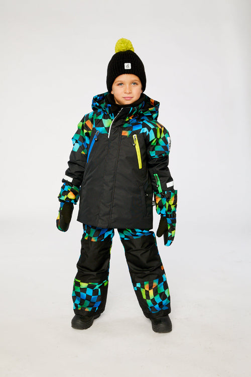 Two Piece Play Snowsuit Black Colorblock With Green Yellow And Blue Checkerboard Pants - J10PB42_09990