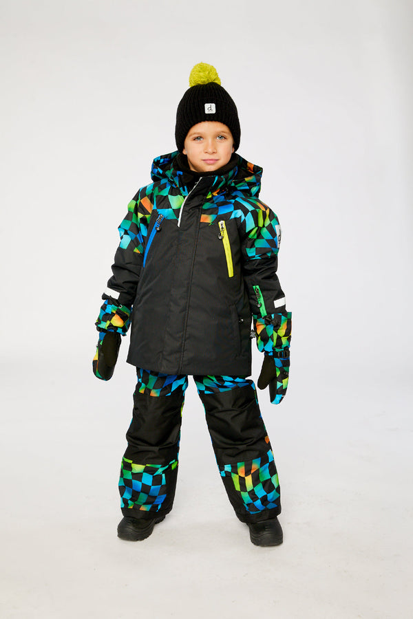 Two Piece Play Snowsuit Black Colorblock With Green Yellow And Blue Checkerboard Pants - J10PB42_09990