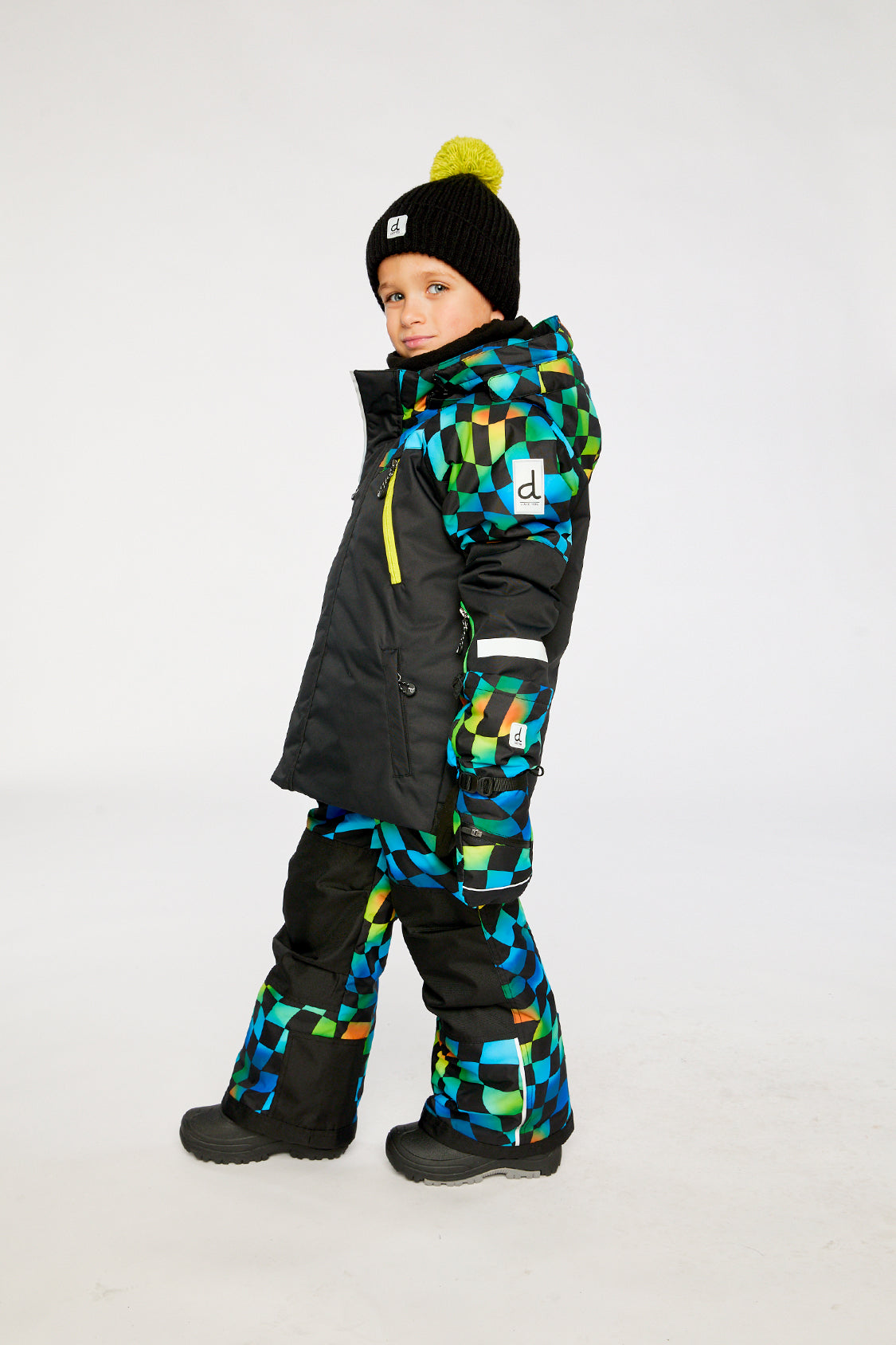 Two Piece Play Snowsuit Black Colorblock With Green Yellow And Blue Checkerboard Pants - J10PB42_09990