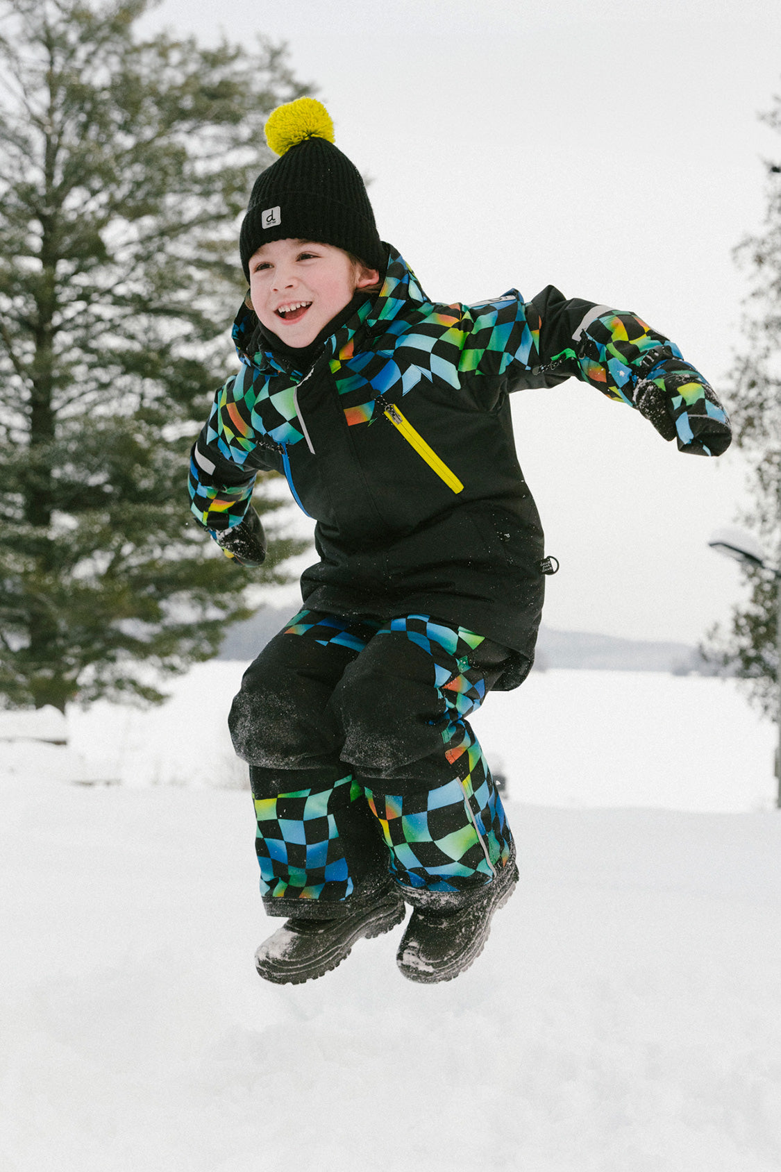Two Piece Play Snowsuit Black Colorblock With Green Yellow And Blue Checkerboard Pants - J10PB42_09990
