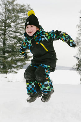 Two Piece Play Snowsuit Black Colorblock With Green Yellow And Blue Checkerboard Pants - J10PB42_09990