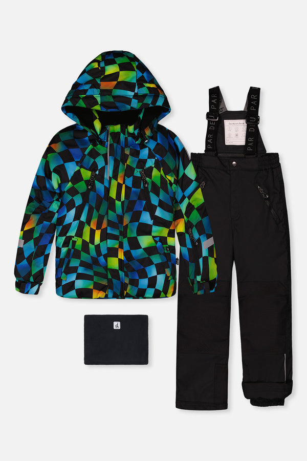 Two Piece Play Snowsuit Green Yellow And Blue Checkerboard With Black Pants - J10PB42_1J054