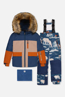Two Piece Play Snowsuit Navy And Rust Colorblock With Blue Bear Print Pants - J10PB46_04002