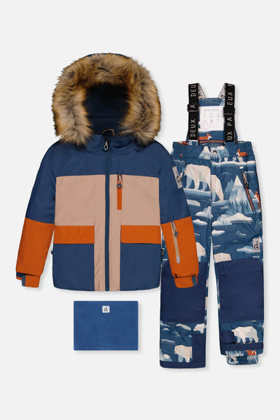 Two Piece Play Snowsuit Navy And Rust Colorblock With Blue Bear Print Pants - J10PB46_04002