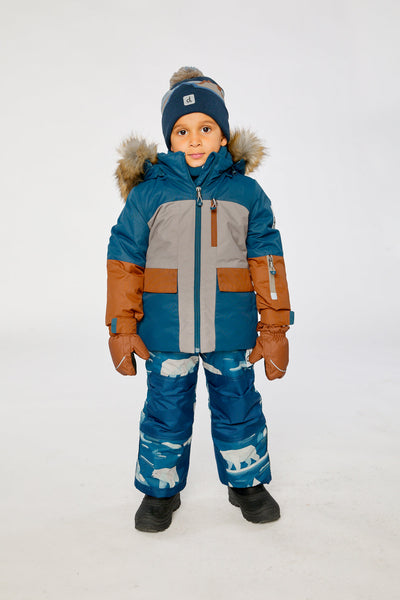 Two Piece Play Snowsuit Navy And Rust Colorblock With Blue Bear Print Pants - J10PB46_04002