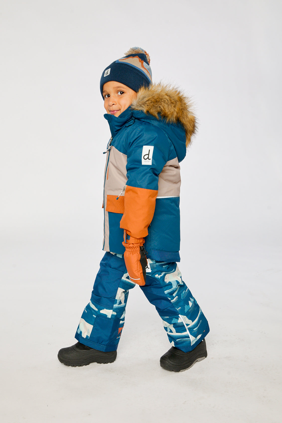 Two Piece Play Snowsuit Navy And Rust Colorblock With Blue Bear Print Pants - J10PB46_04002