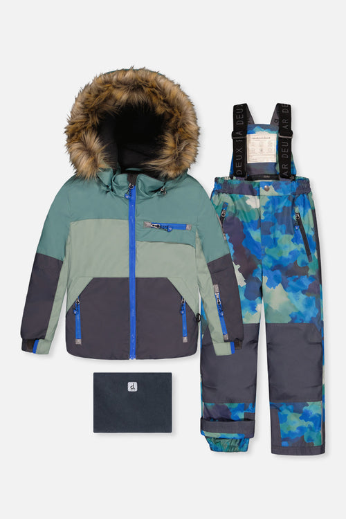 Two Piece Play Snowsuit Green And Navy Colorblock With Blue Camouflage Pants - J10PB48_04760