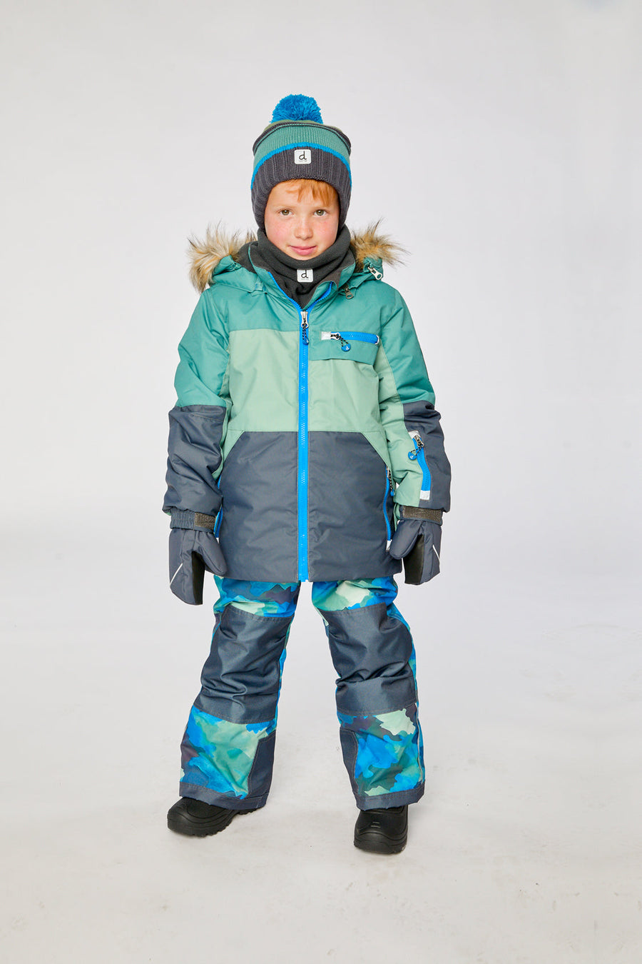 Two Piece Play Snowsuit Green And Navy Colorblock With Blue Camouflage Pants - J10PB48_04760