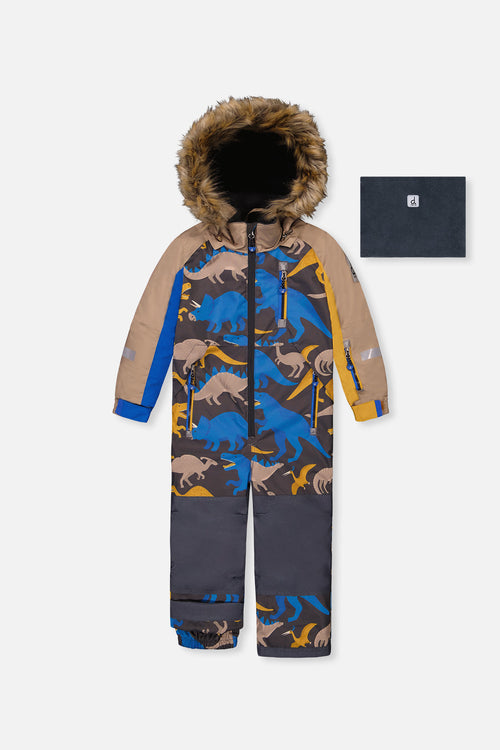 Kids One Piece Play Snowsuit Grey And Blue Dinosaur Print - J10PB74_1J057