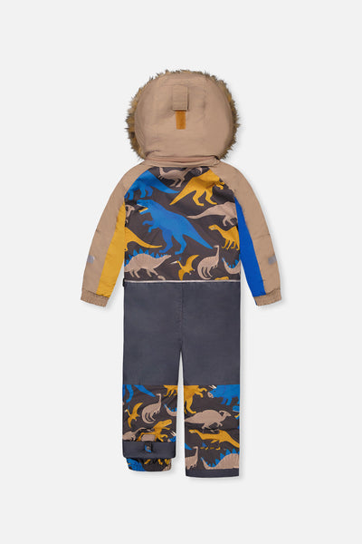 Kids One Piece Play Snowsuit Grey And Blue Dinosaur Print - J10PB74_1J057