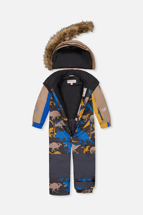Kids One Piece Play Snowsuit Grey And Blue Dinosaur Print - J10PB74_1J057