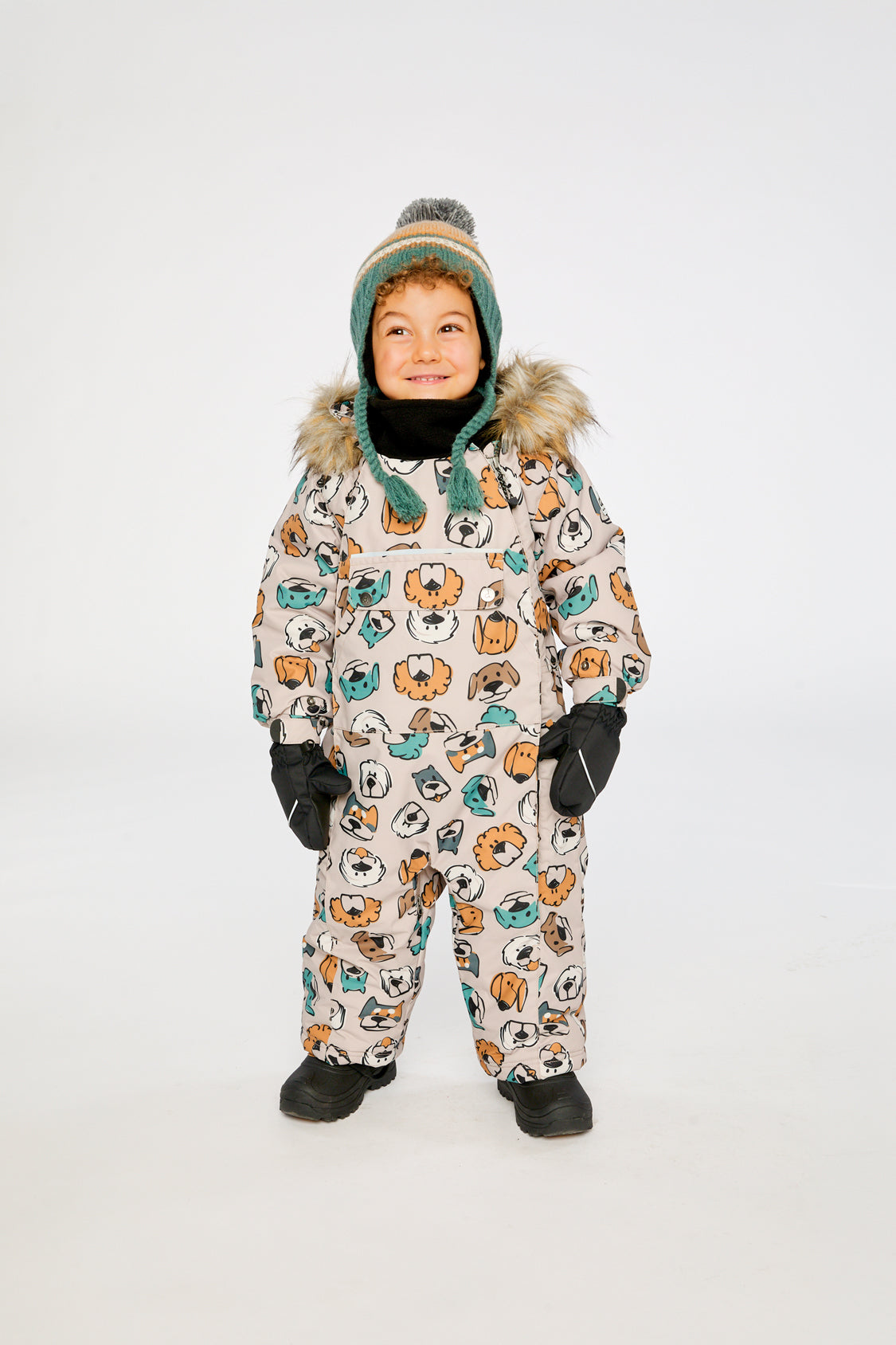 Baby One Piece Snowsuit Adapted For Car Seats Beige Dog Print - J10PBB75_1J050