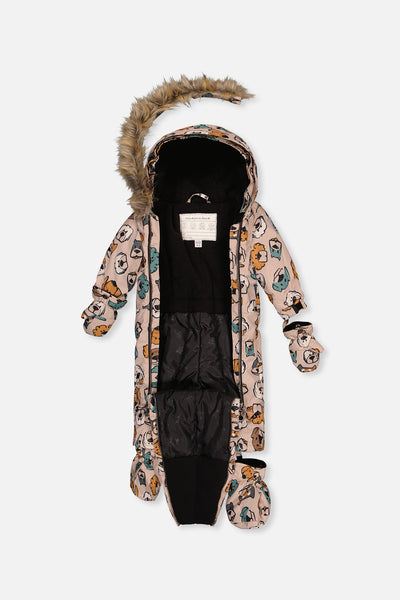 Baby One Piece Snowsuit Adapted For Car Seats Beige Dog Print - J10PBB75_1J050