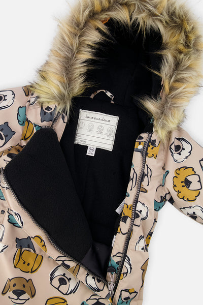 Baby One Piece Snowsuit Adapted For Car Seats Beige Dog Print - J10PBB75_1J050
