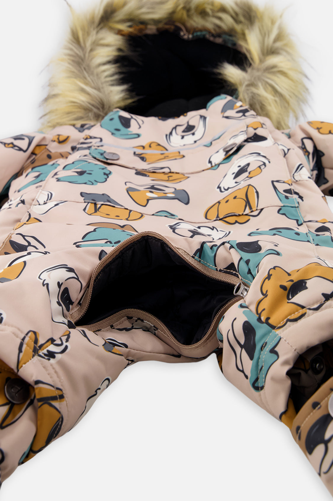 Baby One Piece Snowsuit Adapted For Car Seats Beige Dog Print - J10PBB75_1J050