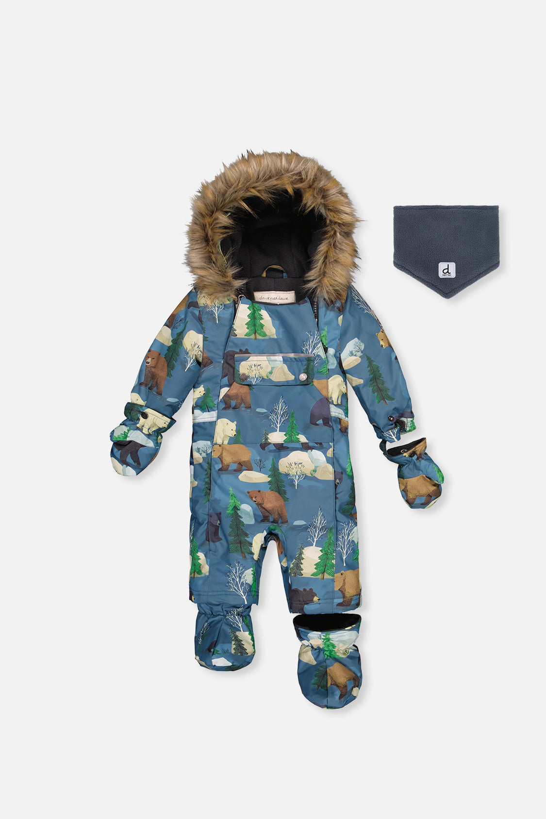 Baby One Piece Snowsuit Adapted For Car Seats Blue Bear Print - J10PBB75_1J052