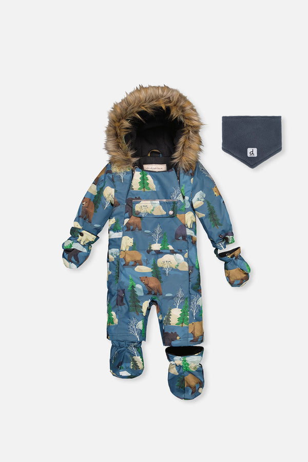 Baby One Piece Snowsuit Adapted For Car Seats Blue Bear Print - J10PBB75_1J052