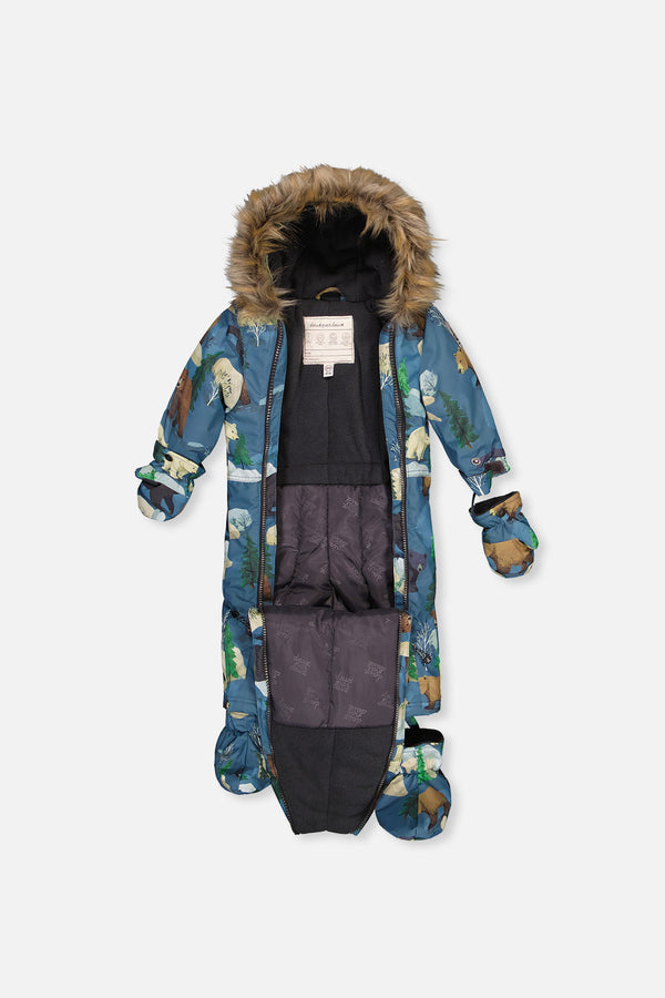Baby One Piece Snowsuit Adapted For Car Seats Blue Bear Print - J10PBB75_1J052