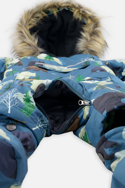 Baby One Piece Snowsuit Adapted For Car Seats Blue Bear Print - J10PBB75_1J052