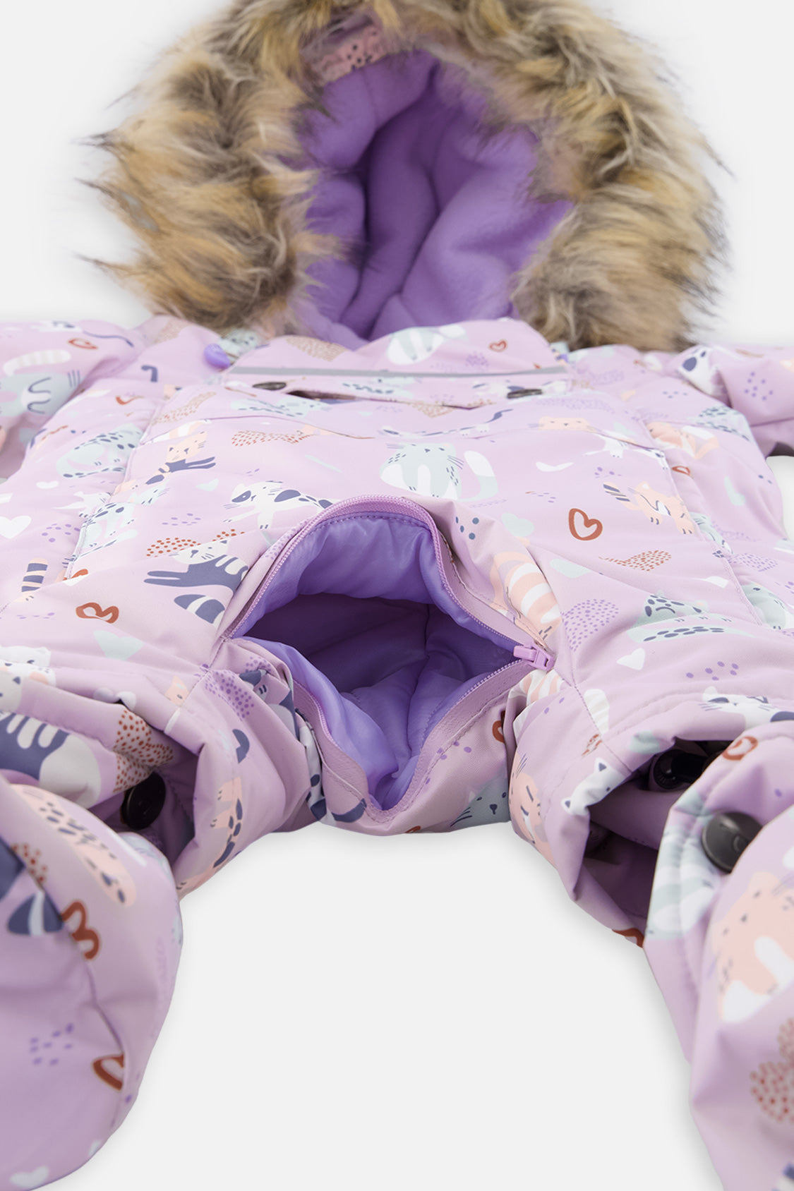 Baby One Piece Snowsuit Adapted For Car Seats Purple Cat Print - J10PBG74_1J015