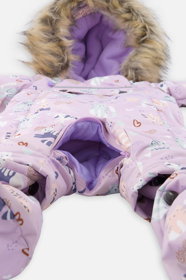 Baby One Piece Snowsuit Adapted For Car Seats Purple Cat Print - J10PBG74_1J015