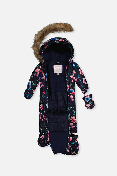Baby One Piece Snowsuit Adapted For Car Seats Blue Floral Print - J10PBG74_1J023