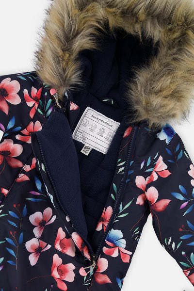 Baby One Piece Snowsuit Adapted For Car Seats Blue Floral Print - J10PBG74_1J023