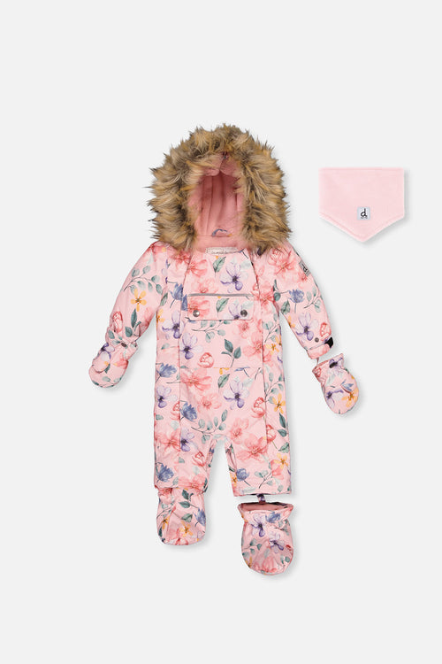 Baby One Piece Snowsuit Adapted For Car Seats Pink Floral Print - J10PBG74_1J037