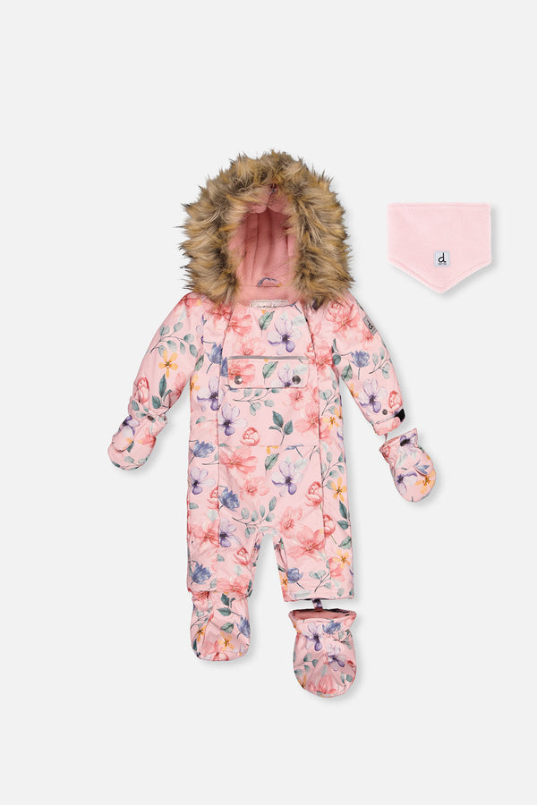Baby One Piece Snowsuit Adapted For Car Seats Pink Floral Print - J10PBG74_1J037