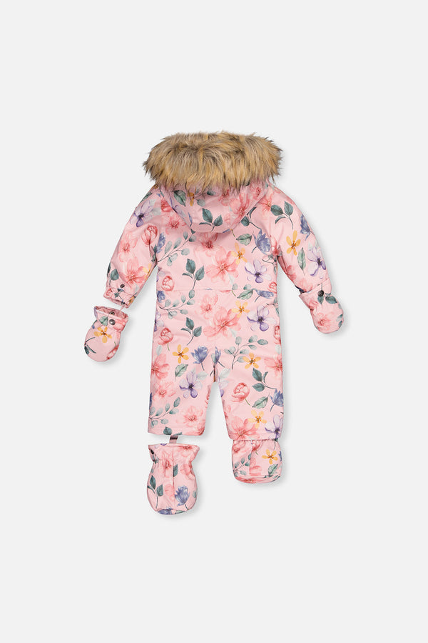 Baby One Piece Snowsuit Adapted For Car Seats Pink Floral Print - J10PBG74_1J037