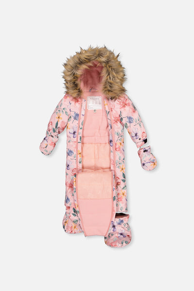 Baby One Piece Snowsuit Adapted For Car Seats Pink Floral Print - J10PBG74_1J037