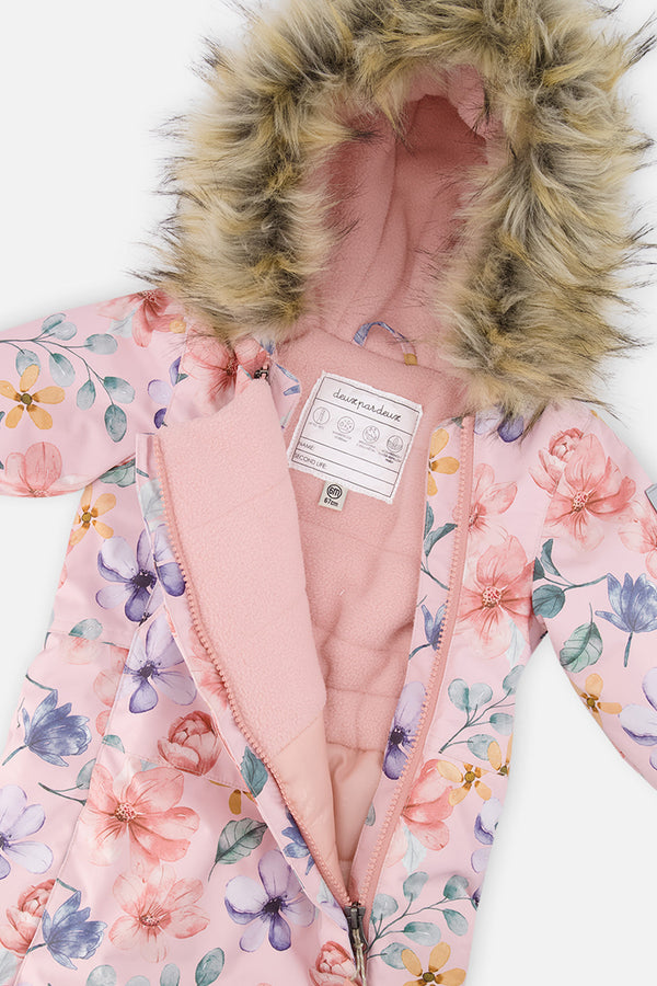 Baby One Piece Snowsuit Adapted For Car Seats Pink Floral Print - J10PBG74_1J037