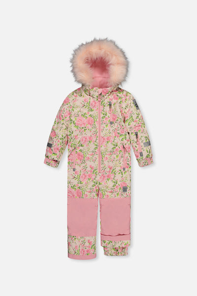 Kids One Piece Play Snowsuit Beige Vintage Rose Print
