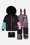Two Piece Play Snowsuit Black, Blue And Pink Colorblock With Heart Print Pants - J10PG82_09990