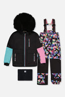 Two Piece Play Snowsuit Black, Blue And Pink Colorblock With Heart Print Pants - J10PG82_09990
