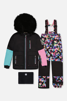 Two Piece Play Snowsuit Black, Blue And Pink Colorblock With Heart Print Pants - J10PG82_09990