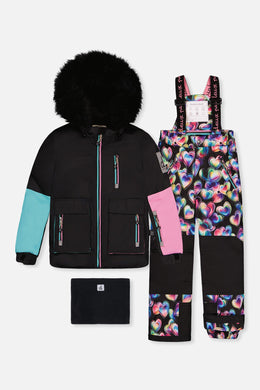 Two Piece Play Snowsuit Black, Blue And Pink Colorblock With Heart Print Pants - J10PG82_09990