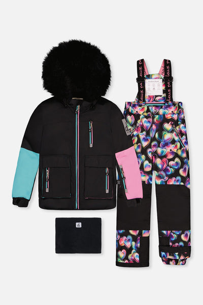 Two Piece Play Snowsuit Black, Blue And Pink Colorblock With Heart Print Pants - J10PG82_09990