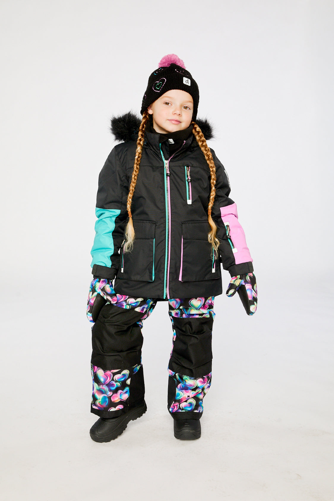 Two Piece Play Snowsuit Black, Blue And Pink Colorblock With Heart Print Pants - J10PG82_09990