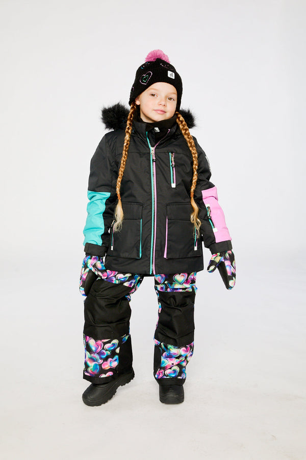 Two Piece Play Snowsuit Black, Blue And Pink Colorblock With Heart Print Pants - J10PG82_09990
