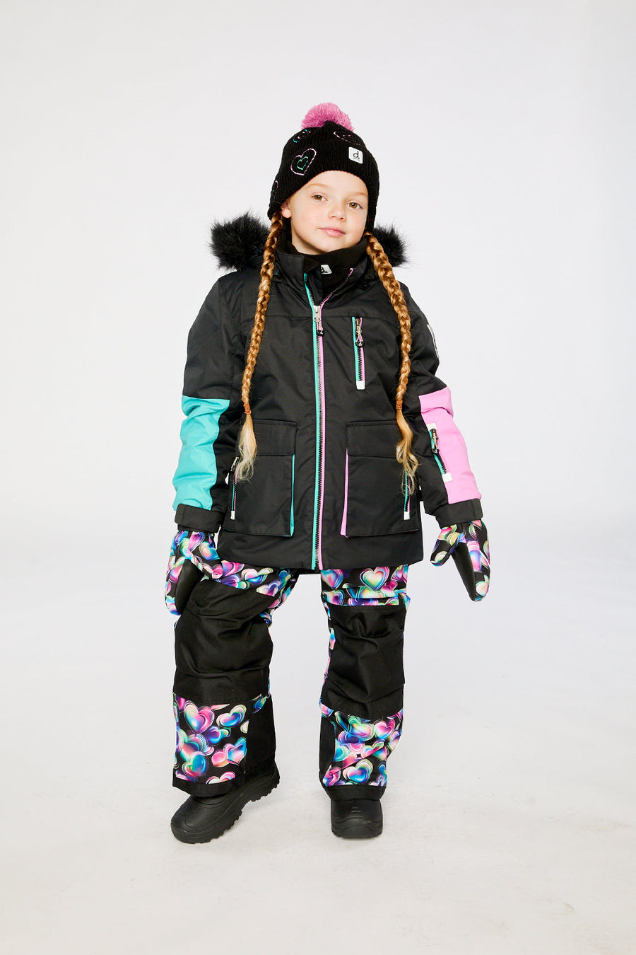 Two Piece Play Snowsuit Black, Blue And Pink Colorblock With Heart Print Pants - J10PG82_09990