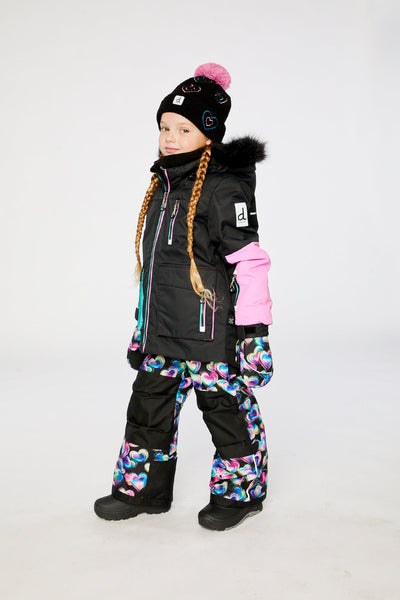 Two Piece Play Snowsuit Black, Blue And Pink Colorblock With Heart Print Pants - J10PG82_09990