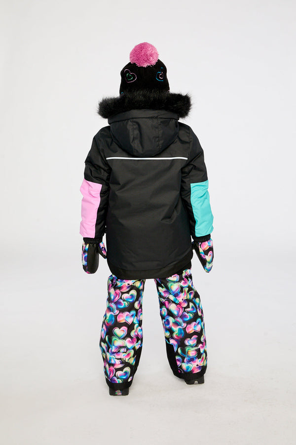 Two Piece Play Snowsuit Black, Blue And Pink Colorblock With Heart Print Pants - J10PG82_09990