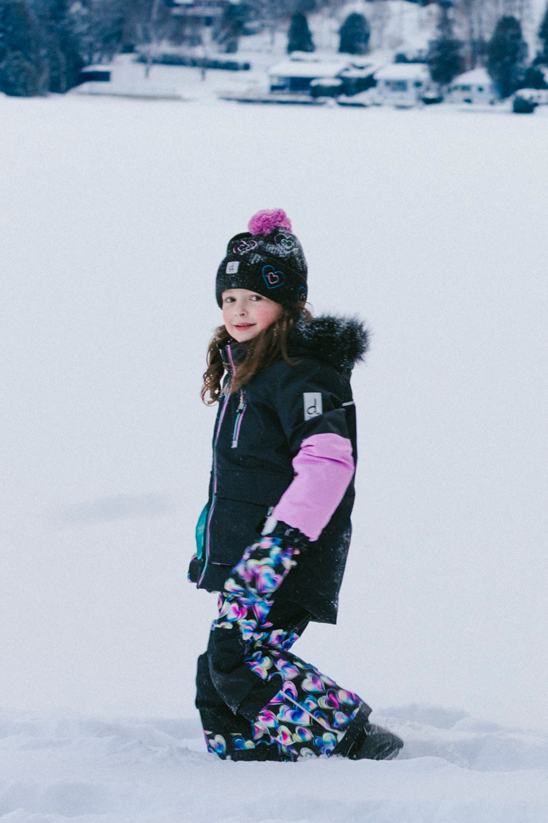Two Piece Play Snowsuit Black, Blue And Pink Colorblock With Heart Print Pants - J10PG82_09990