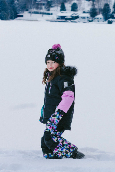Two Piece Play Snowsuit Black, Blue And Pink Colorblock With Heart Print Pants - J10PG82_09990