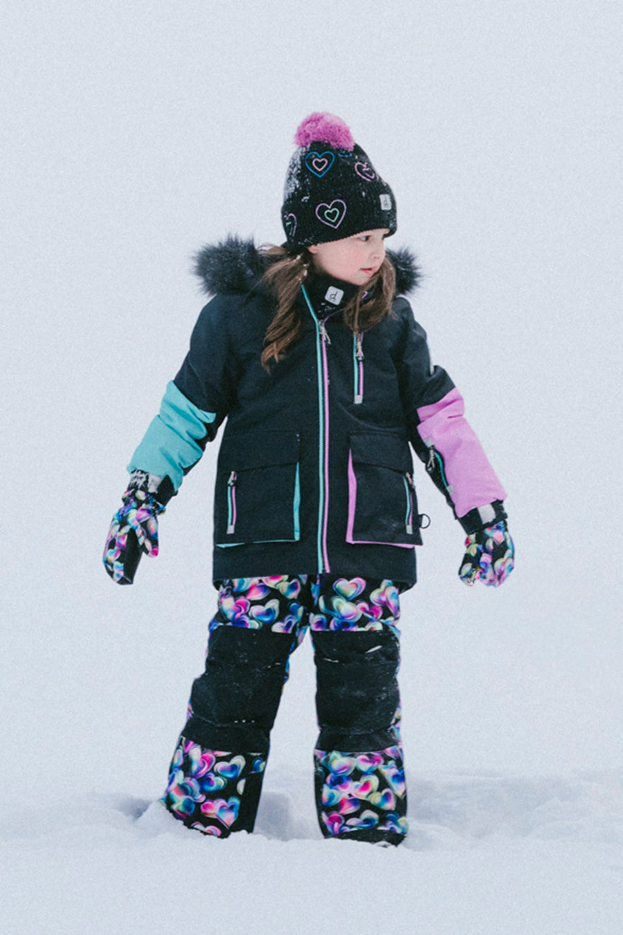 Two Piece Play Snowsuit Black, Blue And Pink Colorblock With Heart Print Pants - J10PG82_09990